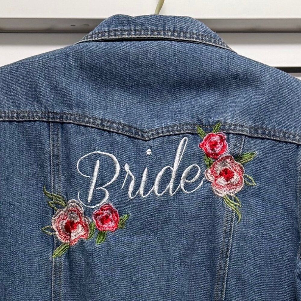 David's Bridal embroidered "Bride" & flowers trucker/jean jacket; Size L - Picture 1 of 6